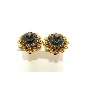 Vintage FREIRICH Gray Crystal Clip Earrings Gold Floral Frame 1”